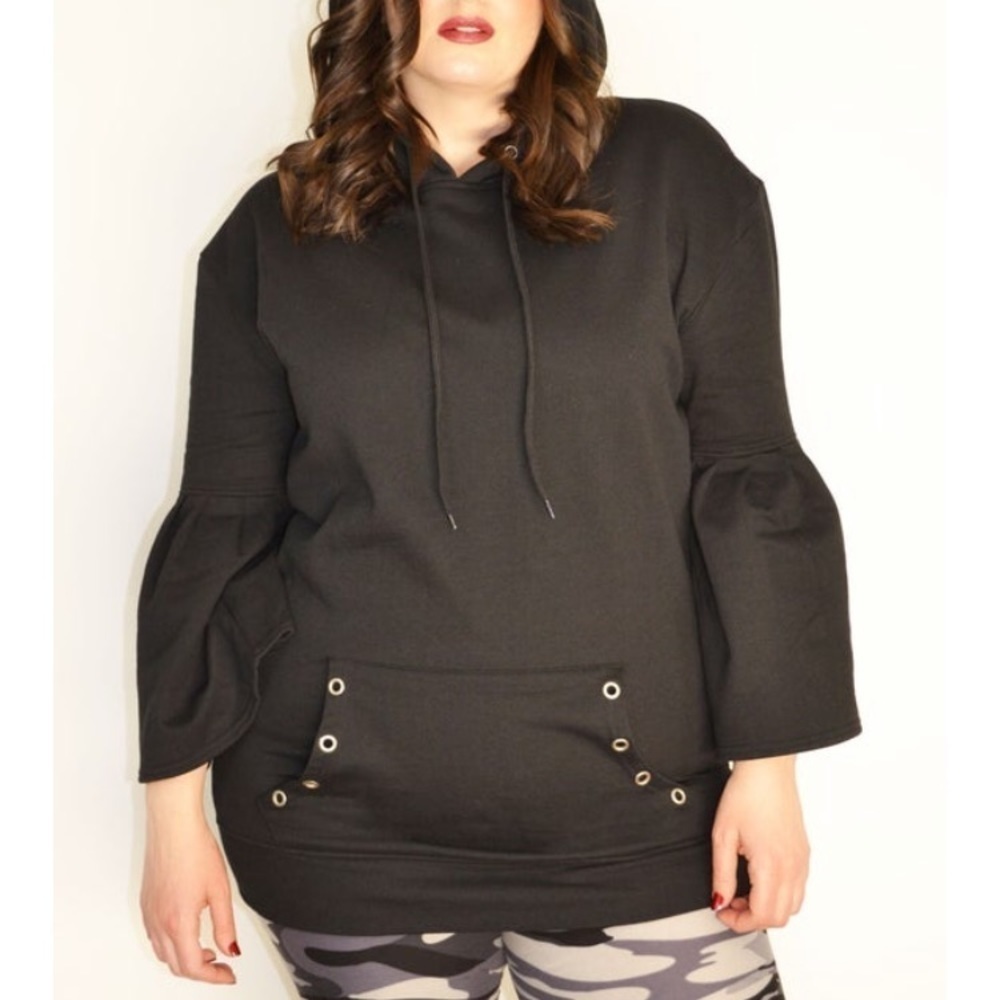 Bell Sleeve Hoodie With Grommet Pocket Detailing
